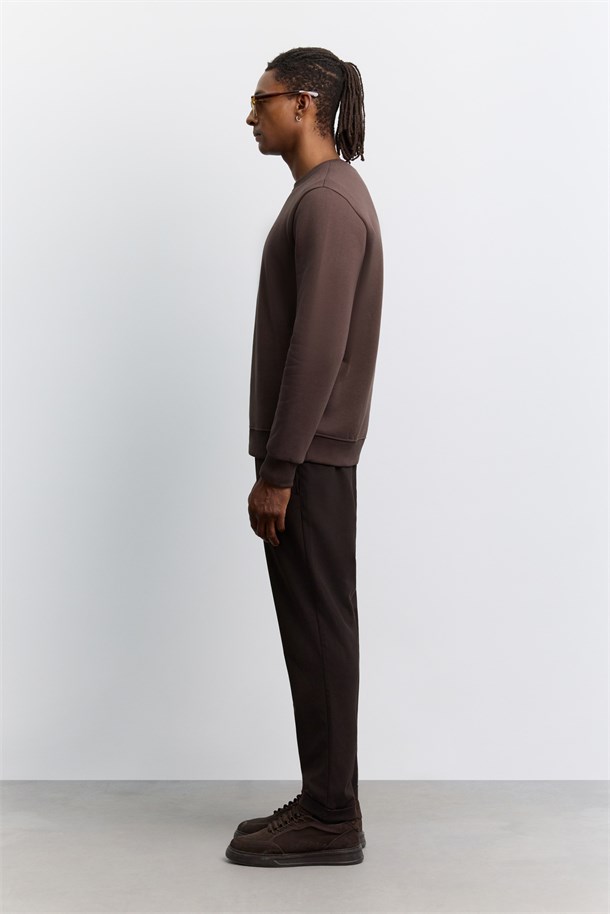 Kahve Bisiklet Yaka 3 İplik Şardonlu -4 Dereceye Dayanıklı Sweatshirt