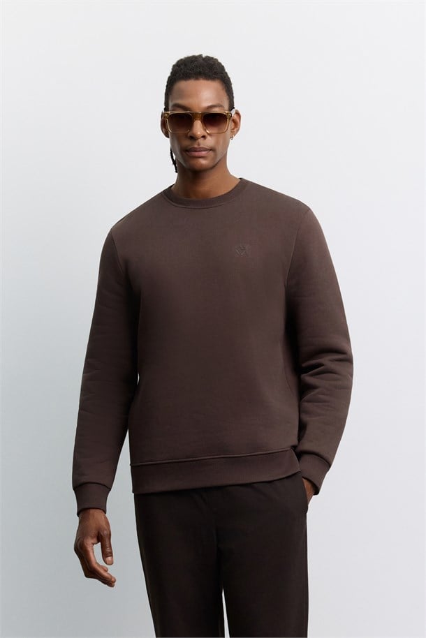 Kahve Bisiklet Yaka 3 İplik Şardonlu -4 Dereceye Dayanıklı Sweatshirt