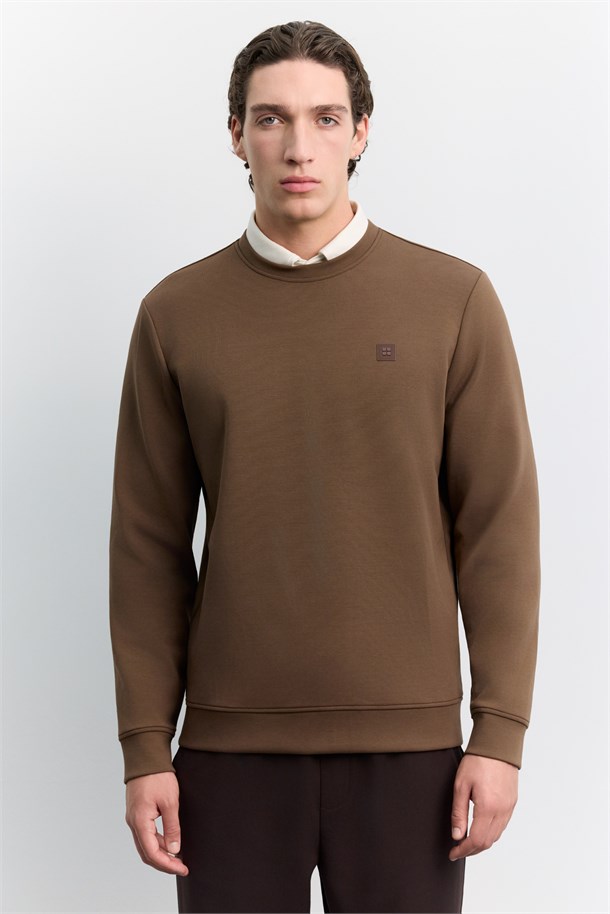 Kahve Bisiklet Yaka Kolay Ütülenen İnterlok Sweatshirt