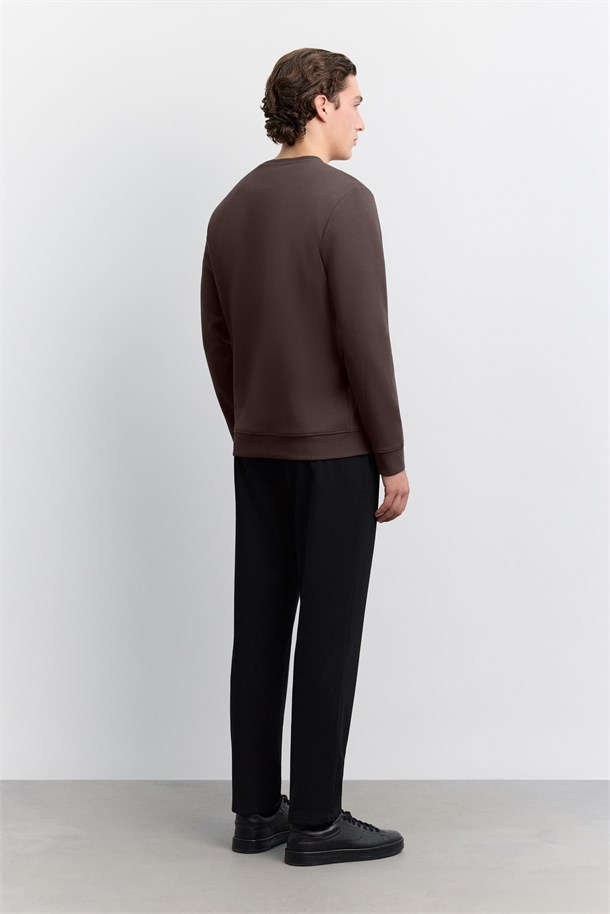Kahve Bisiklet Yaka Kolay Ütülenen İnterlok Sweatshirt