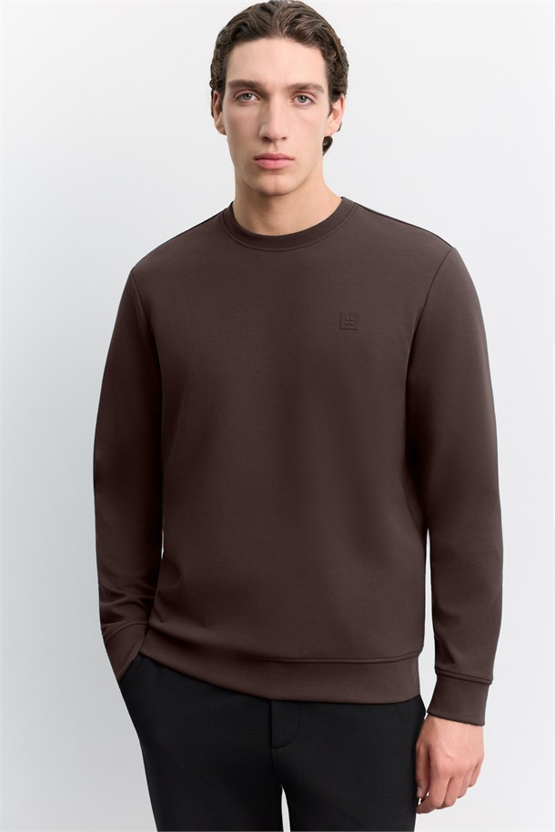 Kahve Bisiklet Yaka Kolay Ütülenen İnterlok Sweatshirt