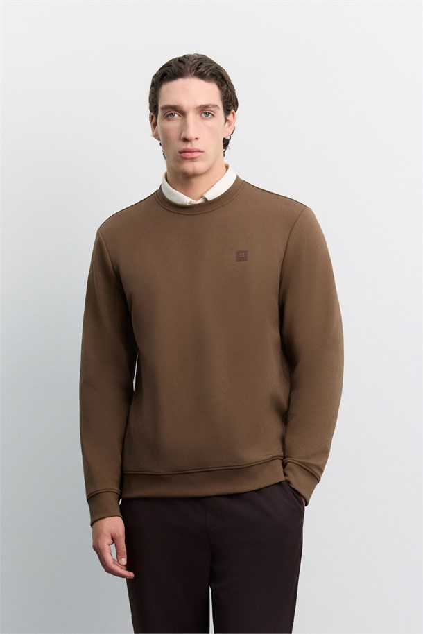 Kahve Bisiklet Yaka Kolay Ütülenen İnterlok Sweatshirt
