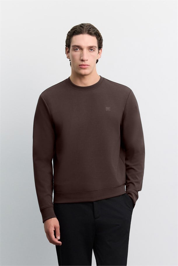 Kahve Bisiklet Yaka Kolay Ütülenen İnterlok Sweatshirt