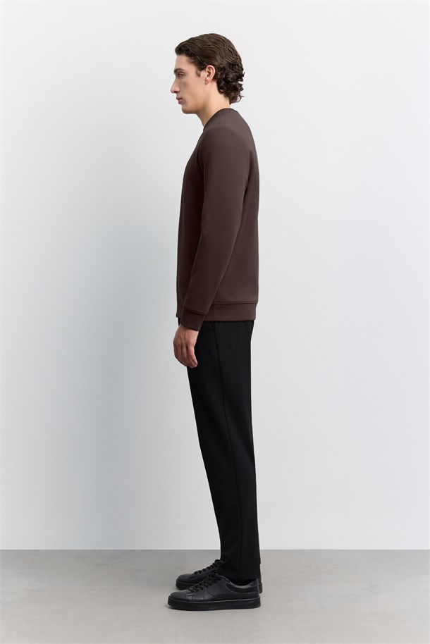 Kahve Bisiklet Yaka Kolay Ütülenen İnterlok Sweatshirt