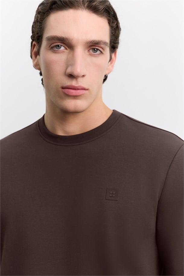 Kahve Bisiklet Yaka Kolay Ütülenen İnterlok Sweatshirt