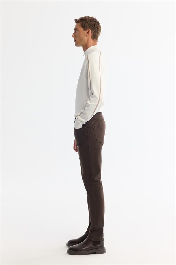 Kahverengi Eskitme Yıkamalı Esnek Jean Pantolon