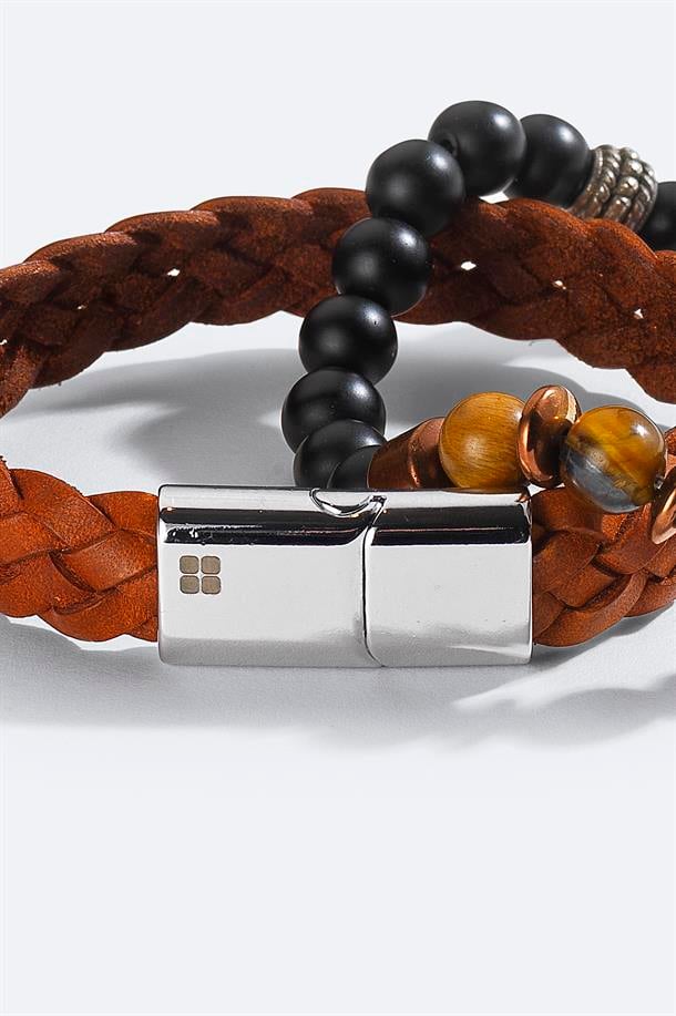 Kahve Deri ve Hematit Taşlı Bileklik