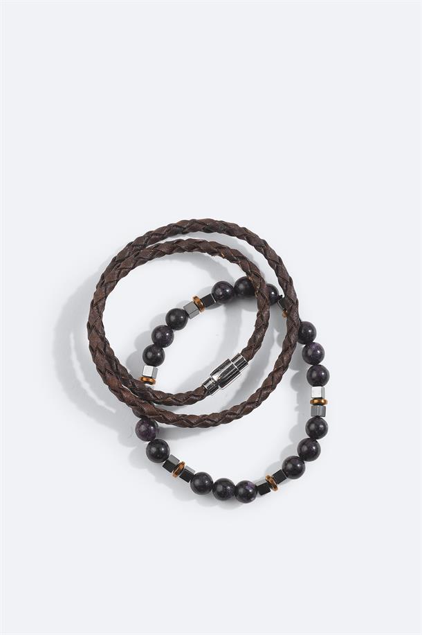 Kahverengi Deri Ceyt ve Hematit Taşlı Bileklik