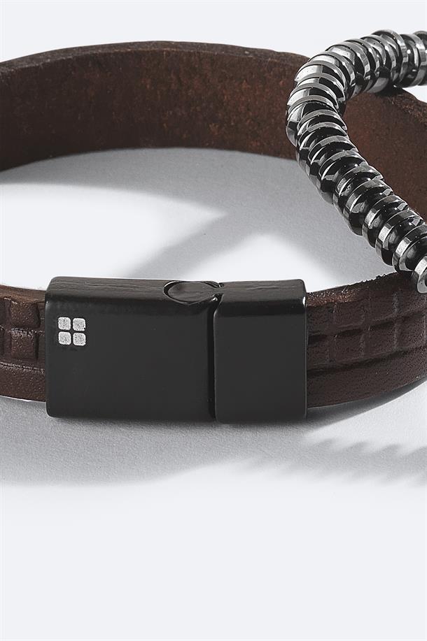 Kahverengi Deri ve Hematit Taşlı Bileklik