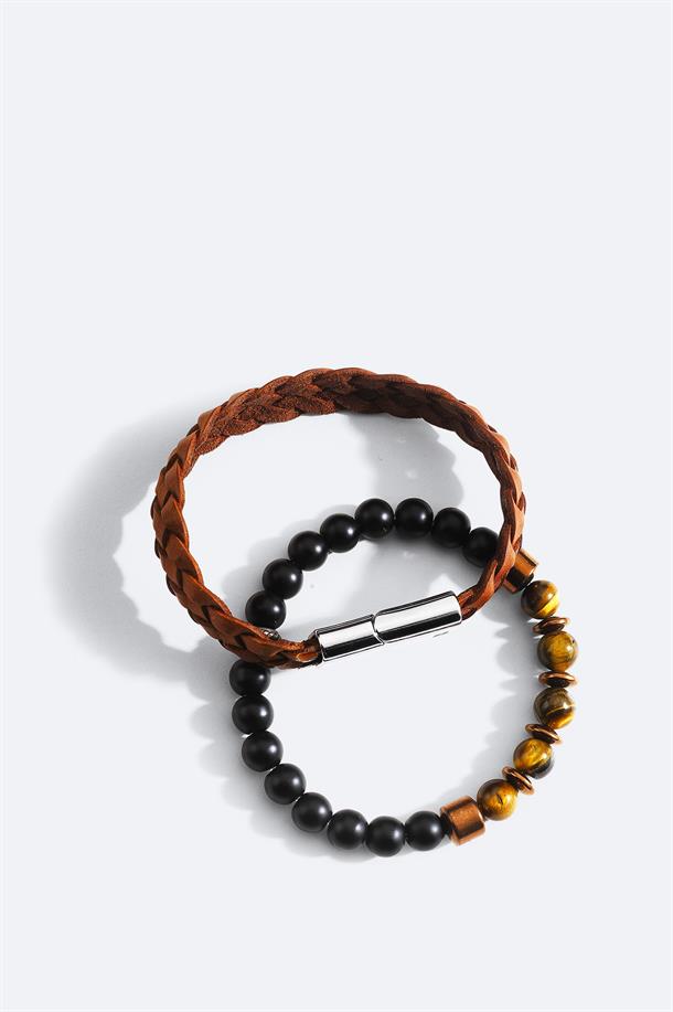 Kahve Deri ve Hematit Taşlı Bileklik