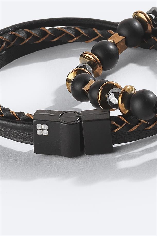 Kahverengi Deri Ceyt ve Hematit Taşlı Bileklik