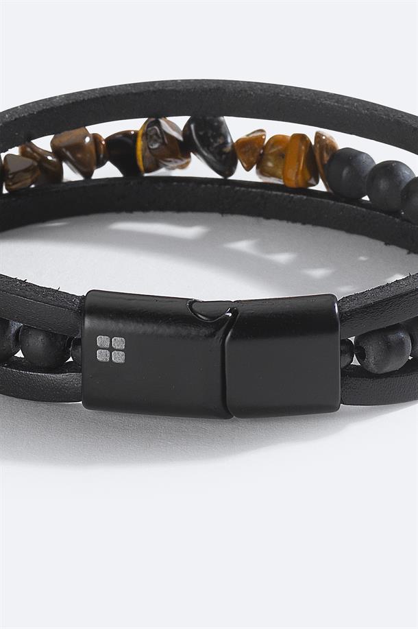 Kahve %100 Deri Kaplangözü ve Oniks Bileklik