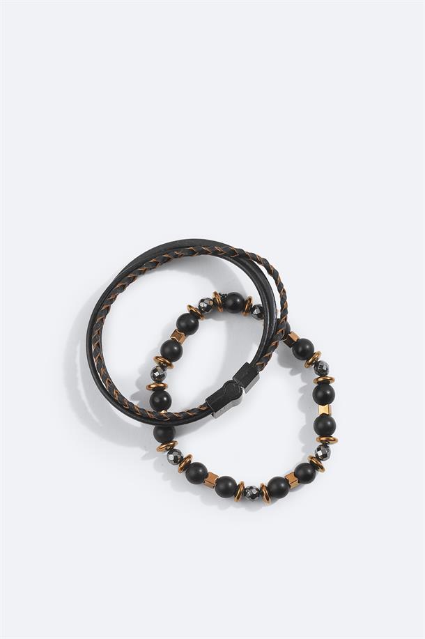 Kahverengi Deri Ceyt ve Hematit Taşlı Bileklik