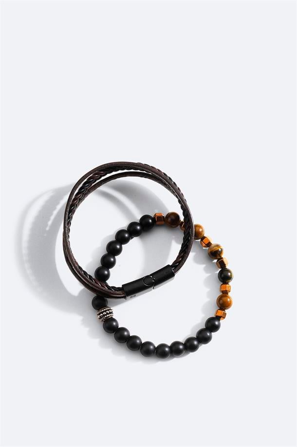 Kahve 2li %100 Deri Oniks Taşlı Bileklik