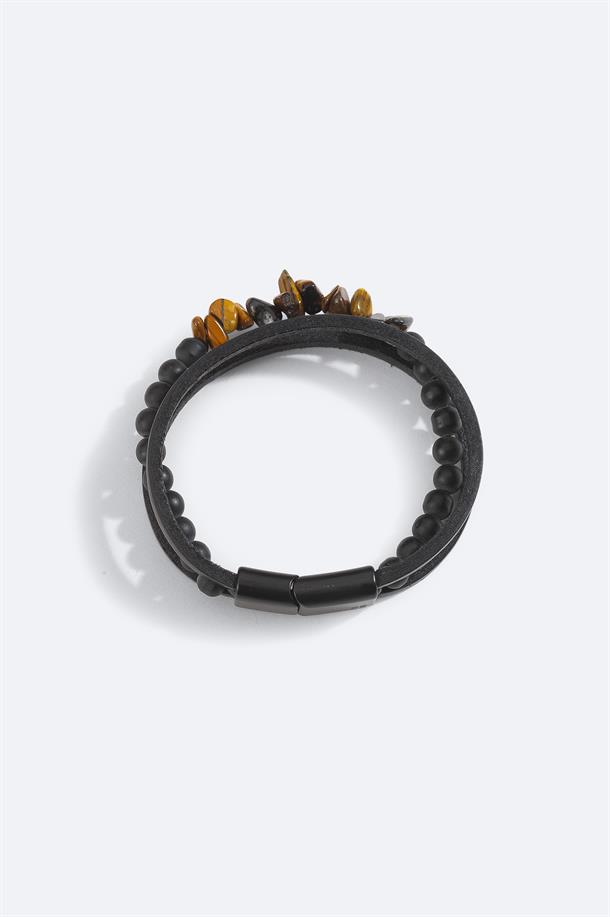 Kahve %100 Deri Kaplangözü ve Oniks Bileklik