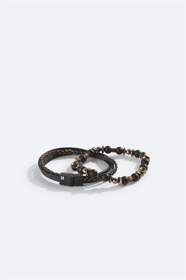 Kahverengi Deri Ceyt ve Hematit Taşlı Bileklik