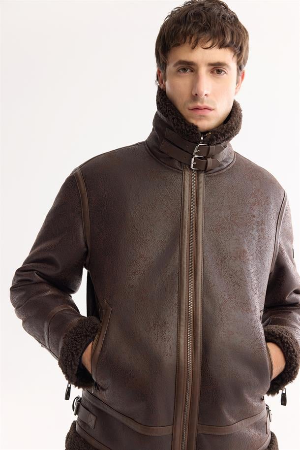 Kahve Kürklü Yaka Deri Görünümlü Napa Mont