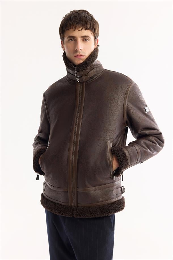 Kahve Kürklü Yaka Deri Görünümlü Napa Mont