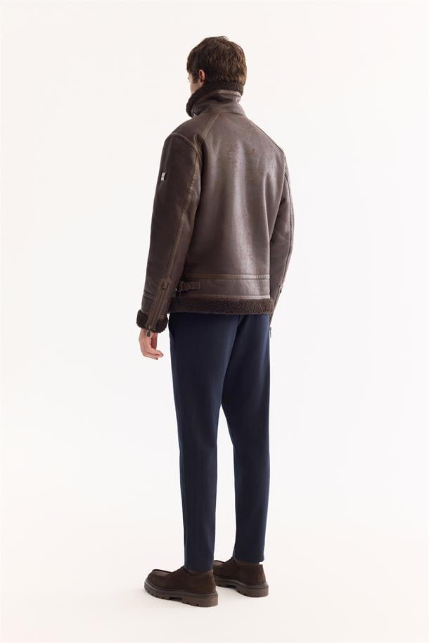 Kahve Kürklü Yaka Deri Görünümlü Napa Mont