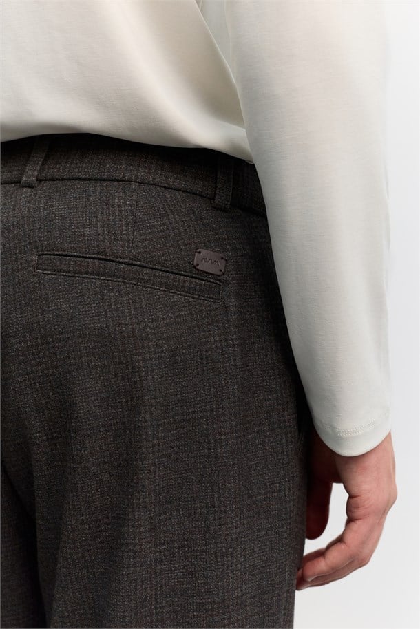 Kahverengi Lastikli Klasik Bel Soft Touch Ekose Pantolon