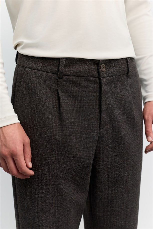 Kahverengi Lastikli Klasik Bel Soft Touch Ekose Pantolon