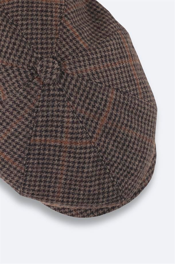 Kahve Yün Karışımlı Ekoseli Kasket Şapka