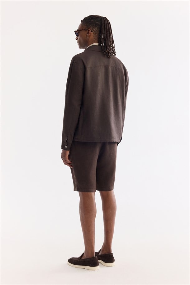 Kahve Klasik Yaka Nefes Alan %100 Keten Mevsimlik Mont