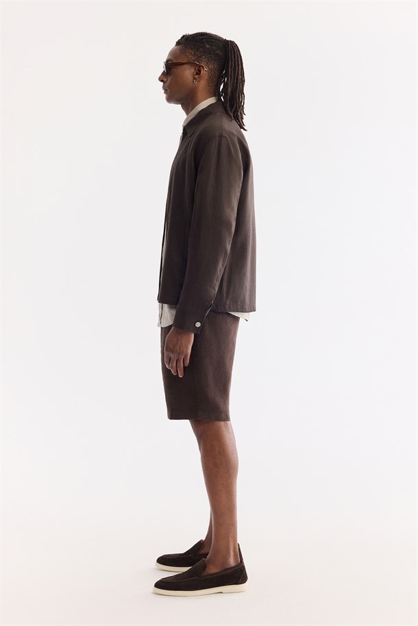 Kahve Klasik Yaka Nefes Alan %100 Keten Mevsimlik Mont