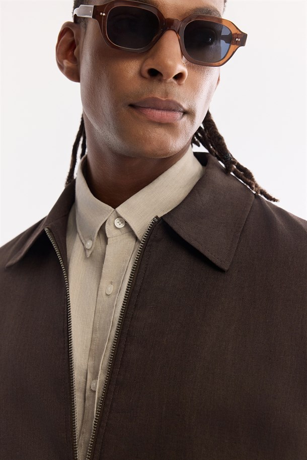 Kahve Klasik Yaka Nefes Alan %100 Keten Mevsimlik Mont