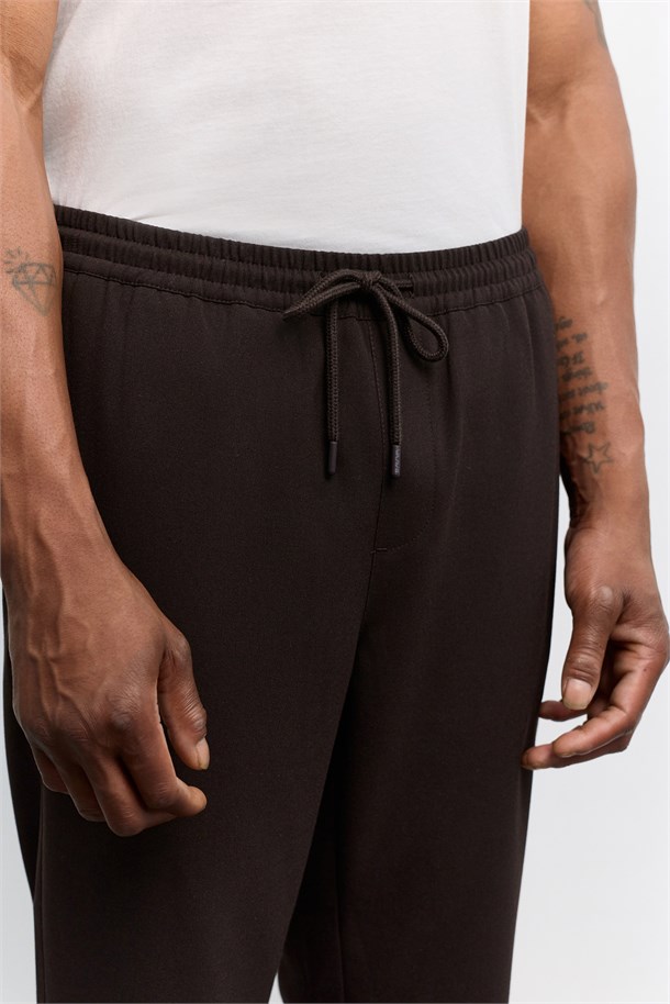Kahverengi Beli Lastikli Bağcıklı Duble Paça Jogger Pantolon