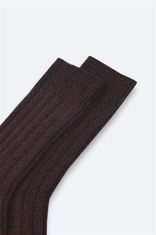 Kahverengi Yün Karışımlı Fitilli Soket Çorap