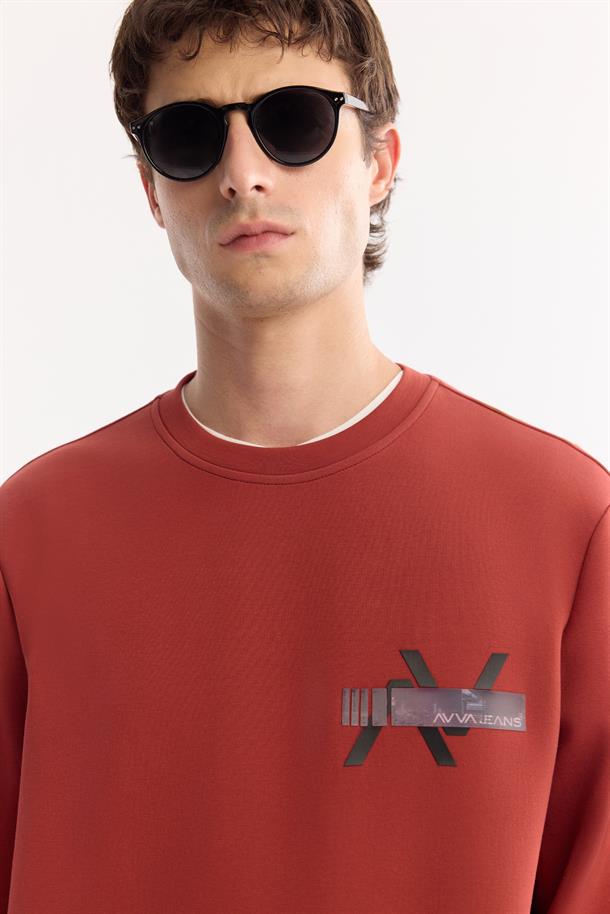 Kiremit Bisiklet Yaka Kolay Ütülenen Bi-Stretch Baskılı Sweatshirt