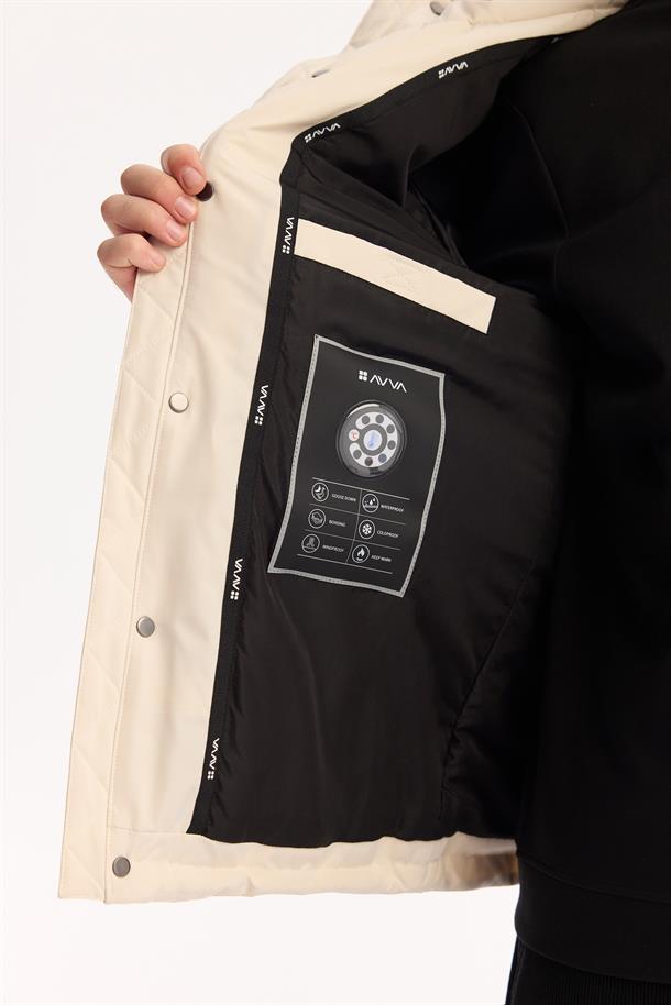 Kırık Beyaz Kapüşonlu %100 Kaz Tüyü Su İtici Rüzgar Geçirmez -10 Dereceye Dayanıklı Şişme Mont