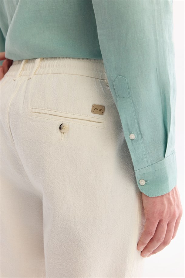 Kırık Beyaz Beli Bağcıklı Keten Karışımlı Chino Pantolon