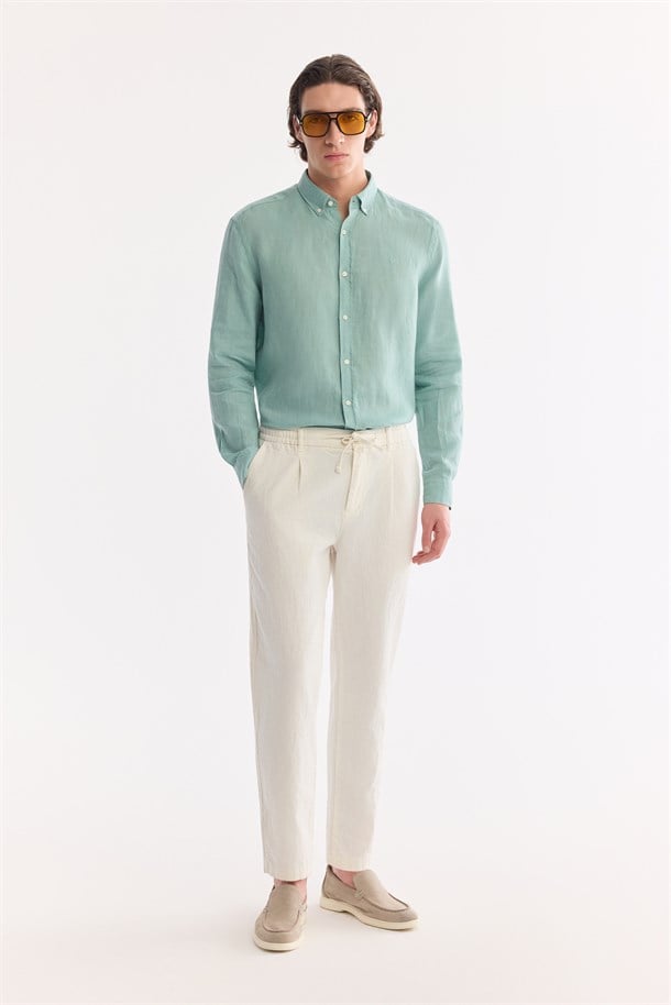 Kırık Beyaz Beli Bağcıklı Keten Karışımlı Chino Pantolon