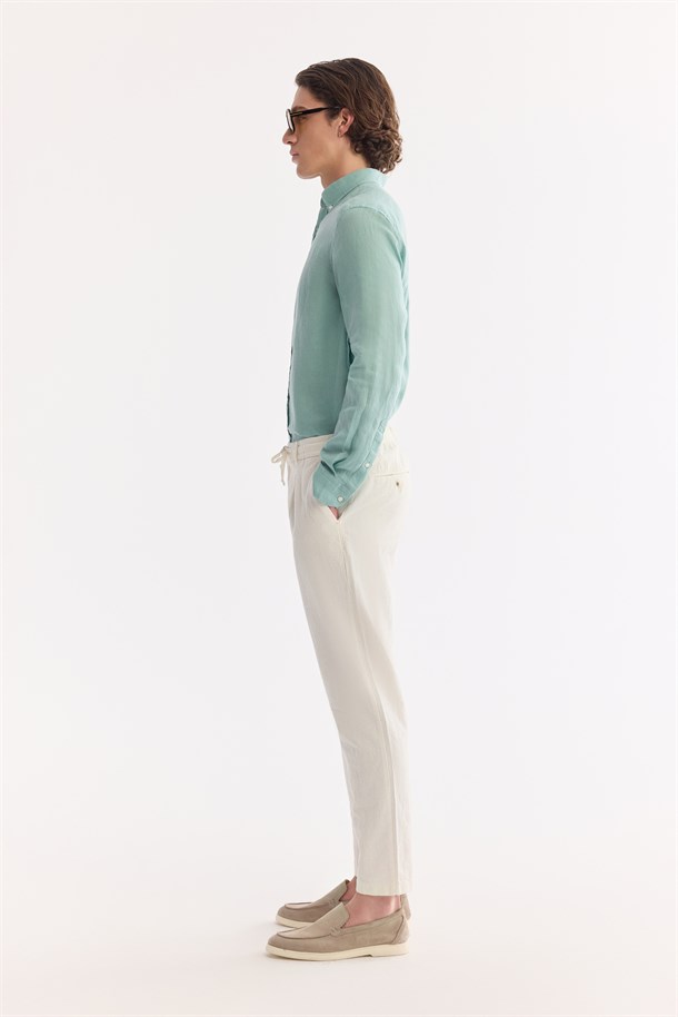 Kırık Beyaz Beli Bağcıklı Keten Karışımlı Chino Pantolon