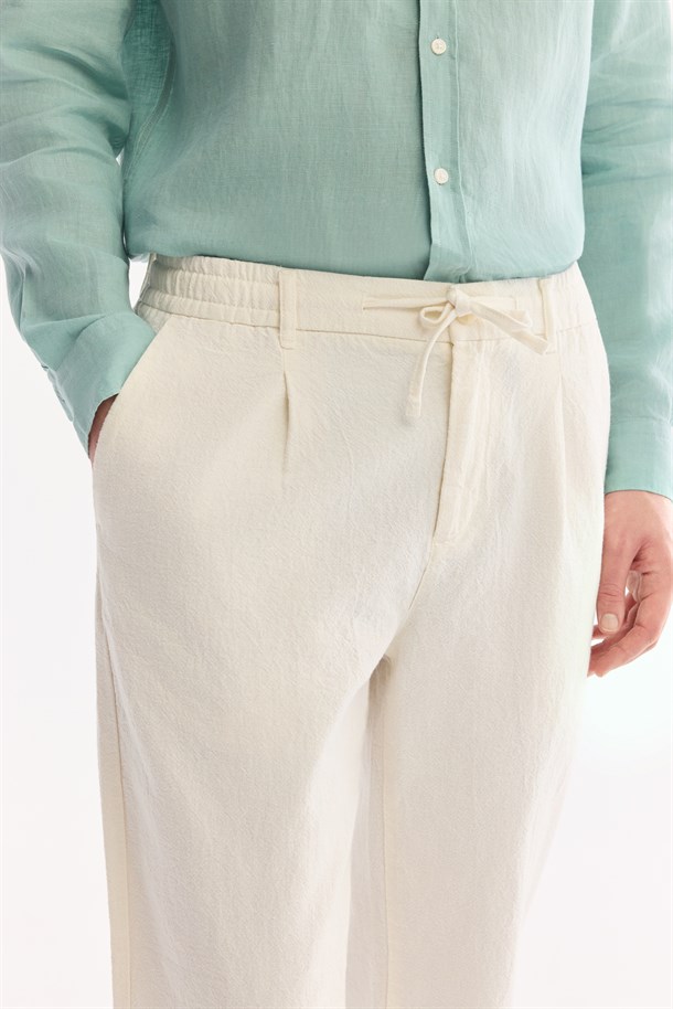 Kırık Beyaz Beli Bağcıklı Keten Karışımlı Chino Pantolon