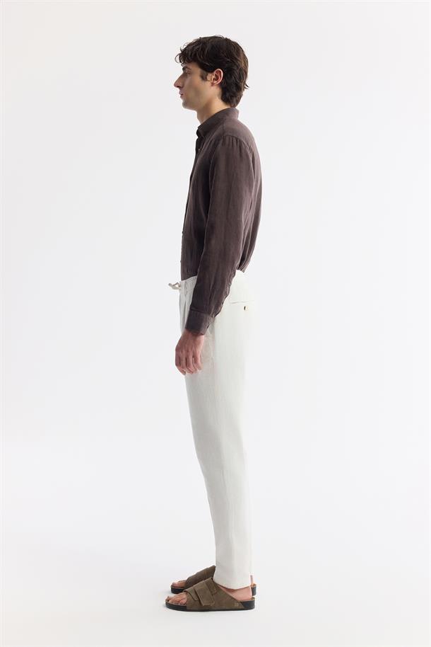 Kırık Beyaz Beli Bağcıklı Keten Karışımlı Chino Pantolon