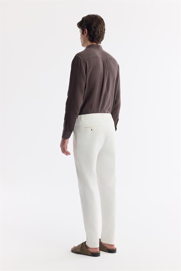 Kırık Beyaz Beli Bağcıklı Keten Karışımlı Chino Pantolon