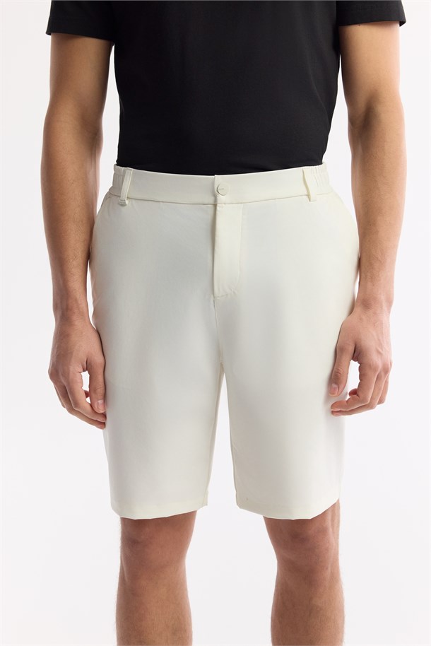 Kırık Beyaz Beli Lastikli Bi-Stretch Teknik Kumaş Şort
