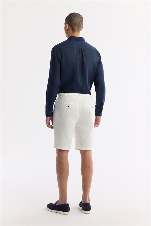 Kırık Beyaz Beli Lastikli Keten Karışımlı Şort