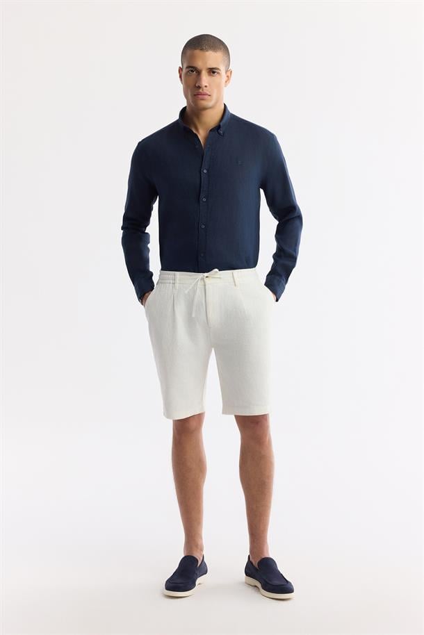 Kırık Beyaz Beli Lastikli Keten Karışımlı Şort