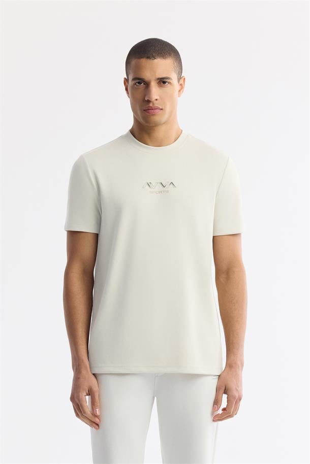 Kırık Beyaz Bisiklet Yaka Baskılı Bi-Stretch İnterlok T-Shirt