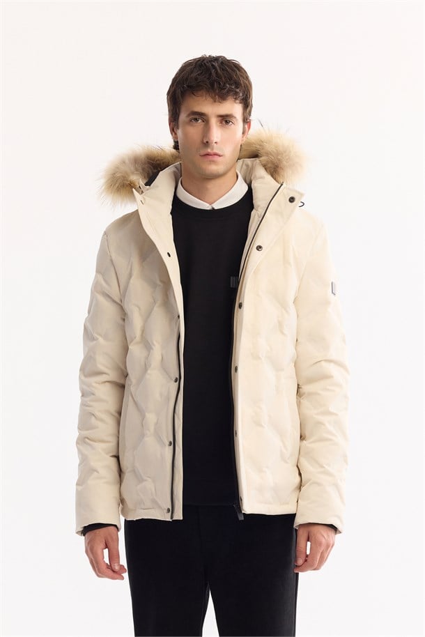 Off White Hooded 100% Down Water Repellent Puffer Jacket Resistant to -10°C