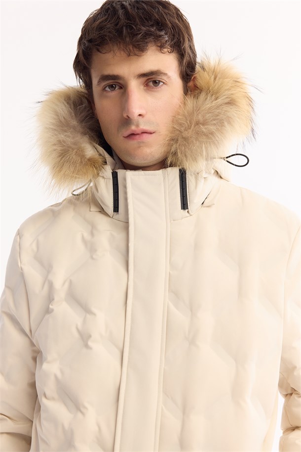 Off White Hooded 100% Down Water Repellent Puffer Jacket Resistant to -10°C