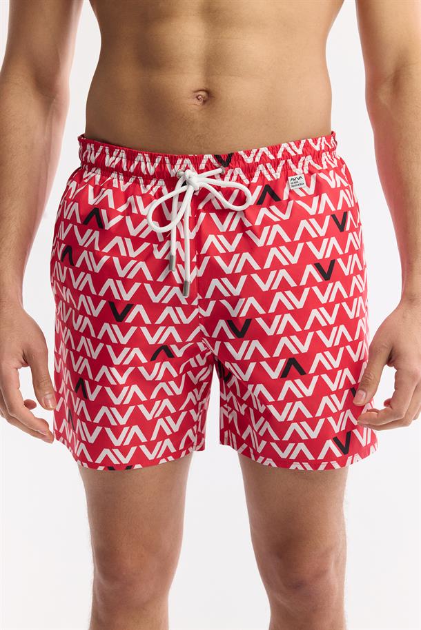 Kırmızı Hızlı Kuruyan Baskılı Çantalı Deniz Şortu