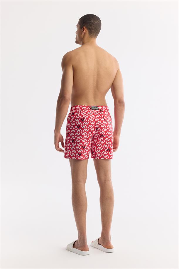 Kırmızı Hızlı Kuruyan Baskılı Çantalı Deniz Şortu