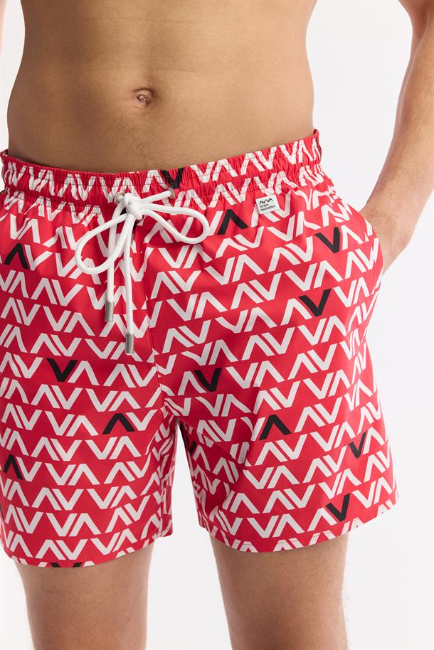 Kırmızı Hızlı Kuruyan Baskılı Çantalı Deniz Şortu