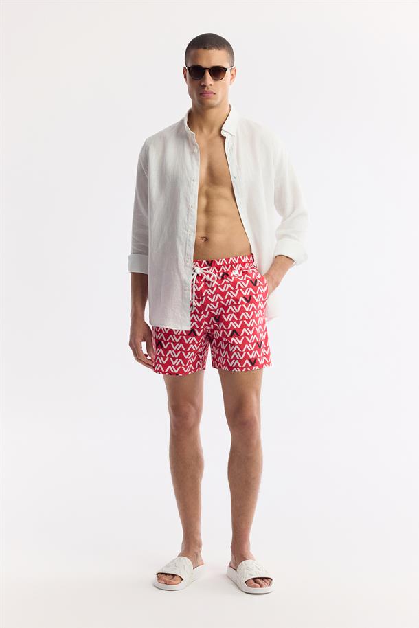 Kırmızı Hızlı Kuruyan Baskılı Çantalı Deniz Şortu