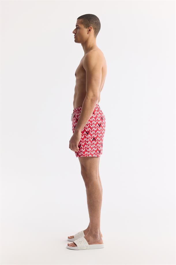 Kırmızı Hızlı Kuruyan Baskılı Çantalı Deniz Şortu